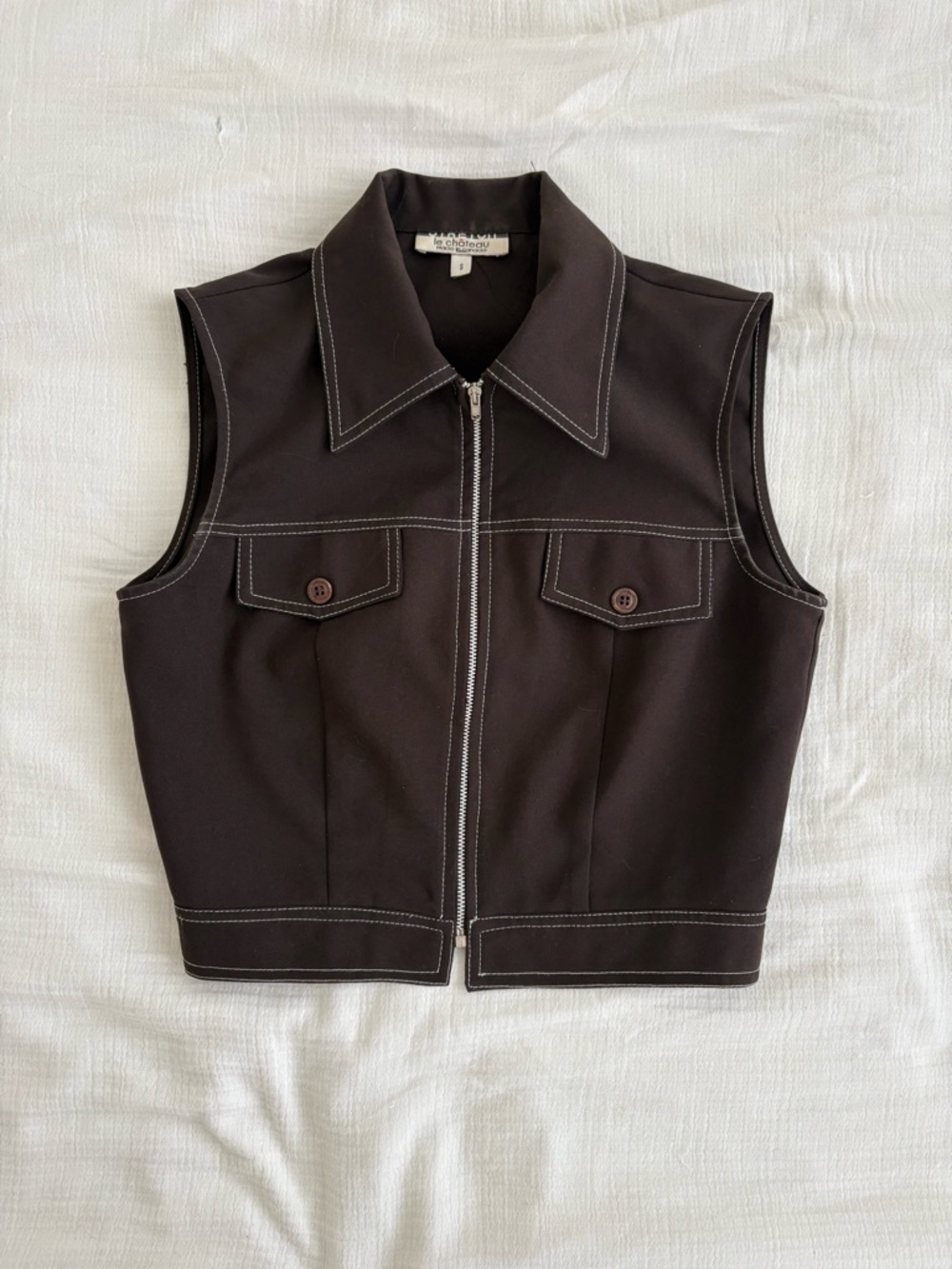 le chateau Brown Cropped Sleeveless Zip Front Top